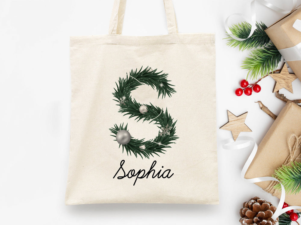 Custom Name Christmas Tote Bag 14"W x 16"H (35 x 40 cm) - Custom Name Holiday Gift, Festive Family Bag, Christmas Tree Tote, Santa's Gift Bags