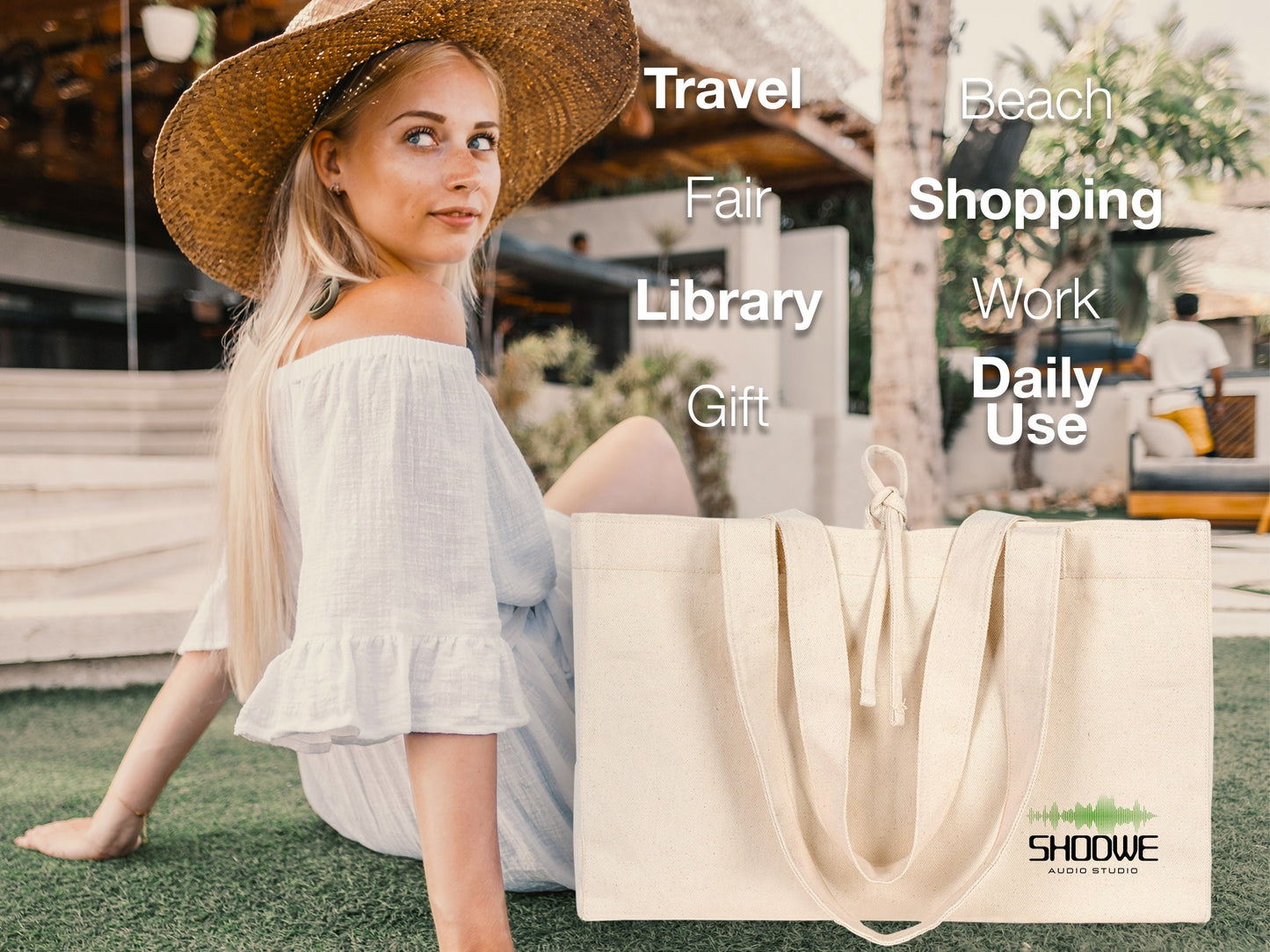 Large Natural Canvas Tote Bag with Long Handles – 18"W x 11"H x 4"L Eco-Friendly Reusable Cotton Bag