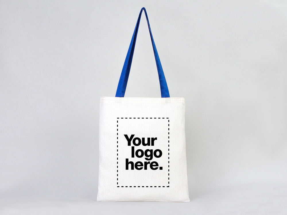 Custom Cotton Tote Bag with Saks Blue Handles – 14"x16" Eco-Friendly Logo Bag