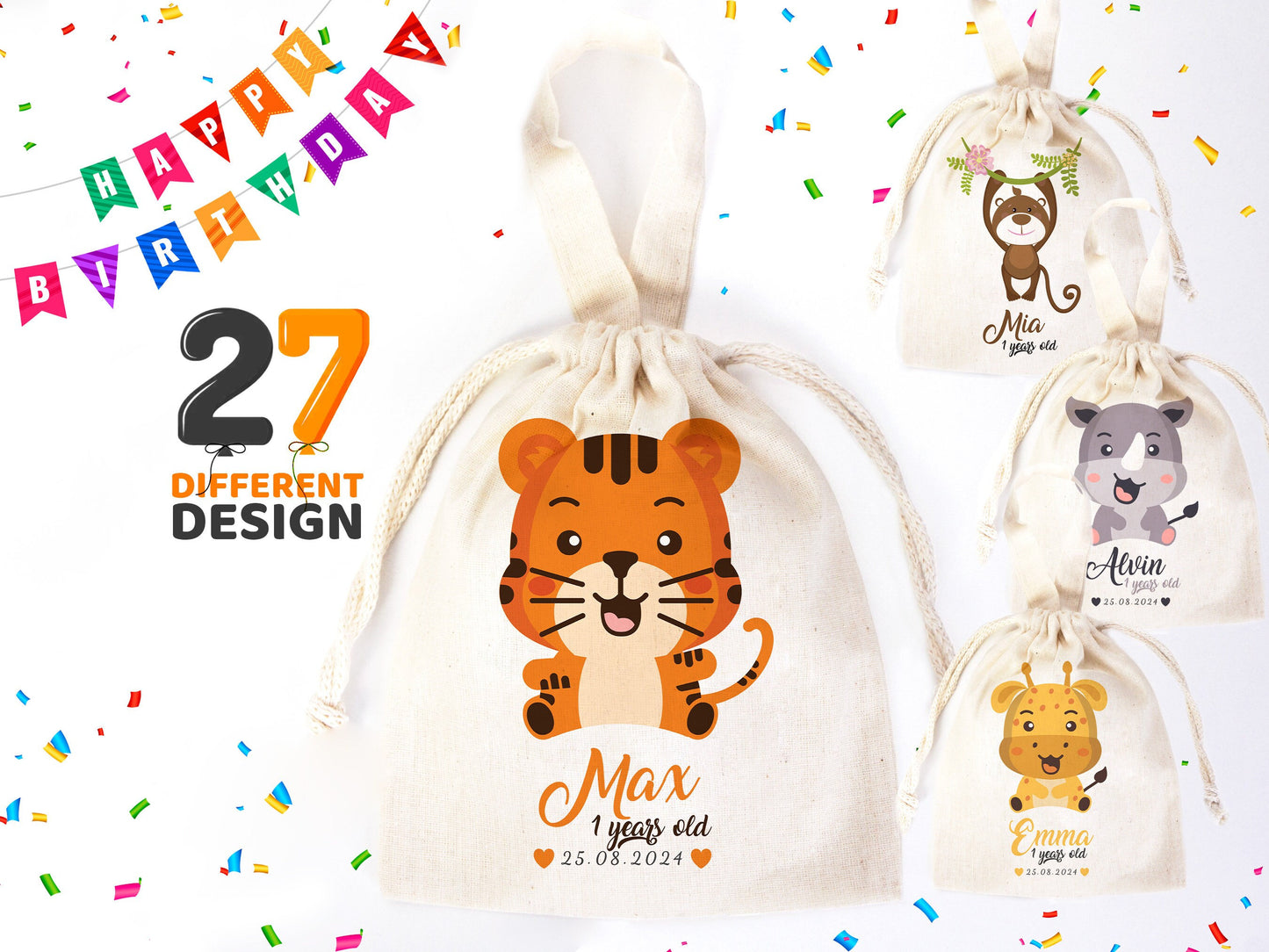 Party Bags For First Birthday,  6"W x 8"H (15.5 cm x 20 cm) Happy Birthday Custom Name Bags, Personalized Animal Print, Custom Birthday Favor Bag