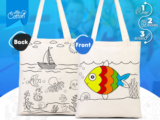 Kids Paint Tote Bag, 14"W x 16"H (35x40 cm) Fish and Ship Coloring For Kids, Coloring Activities For Kids,  Fish Tote Bag, NO PENCIL In This Package