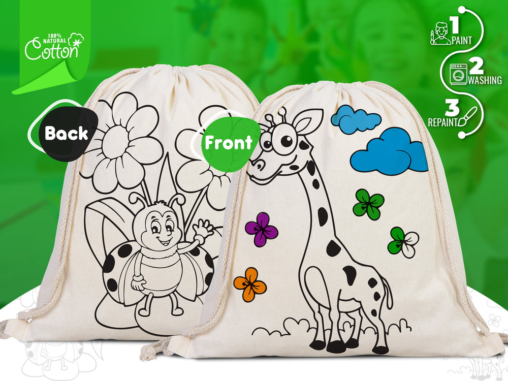 Coloring Animal Backpacks , 14"W x 16"H (35 cm x 40 cm)  Kids Art Set, NO PENCIL In This Package, Cotton Drawstring Bags For Kids