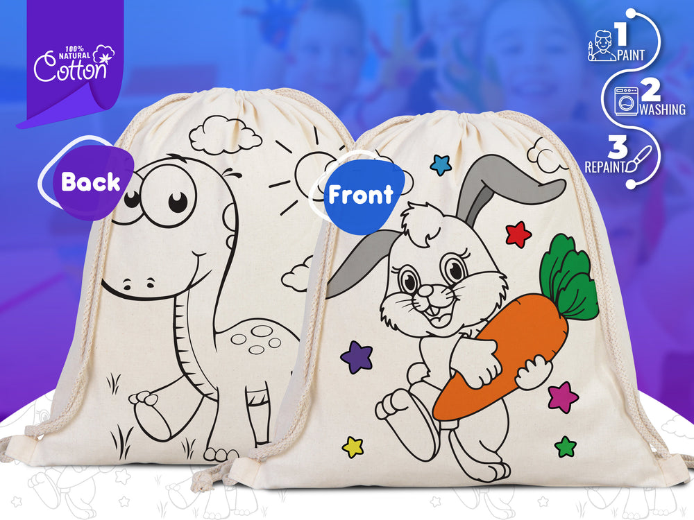 Custom Drawstring Backpacks - 14"W x 16"H (35 cm x 40 cm)  Dinosaur and Rabbit Designs - Kids Art Set - Cotton Drawstring Bags for Kids & Schools