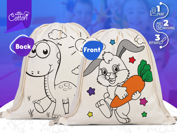 Custom Drawstring Backpacks - 14"W x 16"H (35 cm x 40 cm)  Dinosaur and Rabbit Designs - Kids Art Set - Cotton Drawstring Bags for Kids & Schools