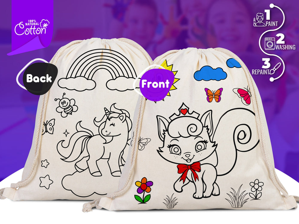 Coloring Unicorn And Cat - 14"W x 16"H (35 cm x 40 cm) Kids Bag Coloring Bag Cotton Drawstring Bags For Kids & Schools, NO PENCIL