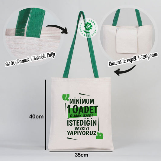 Canvas Bag Green Handle - 14"W x 16"H (35 cm x 40 cm)  Inner Pocket (Customize)