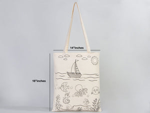 Kids Paint Tote Bag, 14"W x 16"H (35x40 cm) Fish and Ship Coloring For Kids, Coloring Activities For Kids, Fish Tote Bag, NO PENCIL In This Package - Pamusan.com