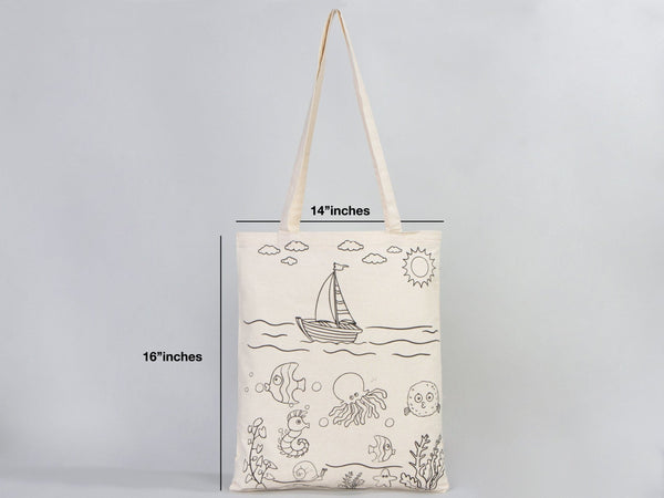 Kids Paint Tote Bag, 14"W x 16"H (35x40 cm) Fish and Ship Coloring For Kids, Coloring Activities For Kids, Fish Tote Bag, NO PENCIL In This Package - Pamusan.com