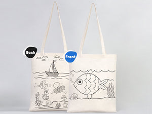 Kids Paint Tote Bag, 14"W x 16"H (35x40 cm) Fish and Ship Coloring For Kids, Coloring Activities For Kids, Fish Tote Bag, NO PENCIL In This Package - Pamusan.com