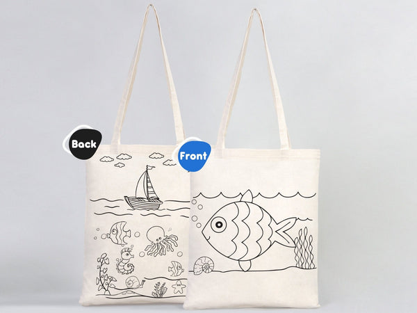 Kids Paint Tote Bag, 14"W x 16"H (35x40 cm) Fish and Ship Coloring For Kids, Coloring Activities For Kids, Fish Tote Bag, NO PENCIL In This Package - Pamusan.com