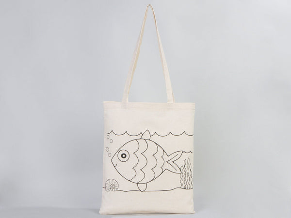 Kids Paint Tote Bag, 14"W x 16"H (35x40 cm) Fish and Ship Coloring For Kids, Coloring Activities For Kids, Fish Tote Bag, NO PENCIL In This Package - Pamusan.com