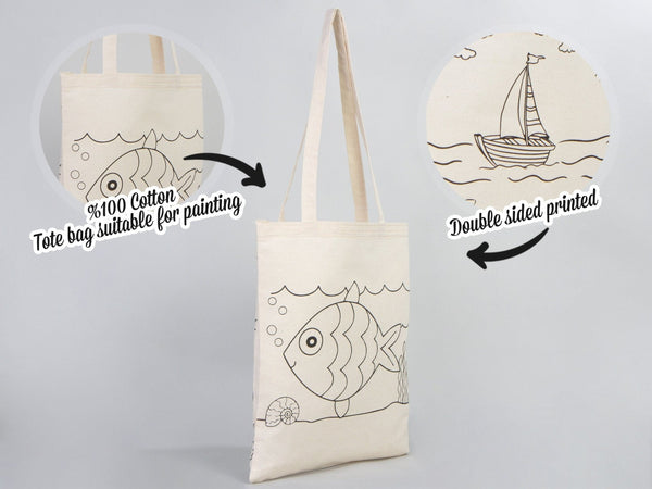 Kids Paint Tote Bag, 14"W x 16"H (35x40 cm) Fish and Ship Coloring For Kids, Coloring Activities For Kids, Fish Tote Bag, NO PENCIL In This Package - Pamusan.com