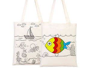 Kids Paint Tote Bag, 14"W x 16"H (35x40 cm) Fish and Ship Coloring For Kids, Coloring Activities For Kids, Fish Tote Bag, NO PENCIL In This Package - Pamusan.com