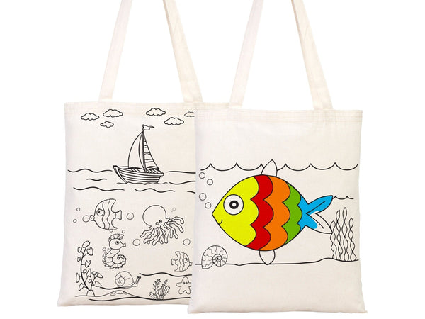 Kids Paint Tote Bag, 14"W x 16"H (35x40 cm) Fish and Ship Coloring For Kids, Coloring Activities For Kids, Fish Tote Bag, NO PENCIL In This Package - Pamusan.com