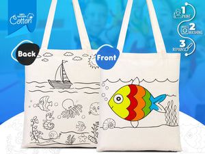 Kids Paint Tote Bag, 14"W x 16"H (35x40 cm) Fish and Ship Coloring For Kids, Coloring Activities For Kids, Fish Tote Bag, NO PENCIL In This Package - Pamusan.com