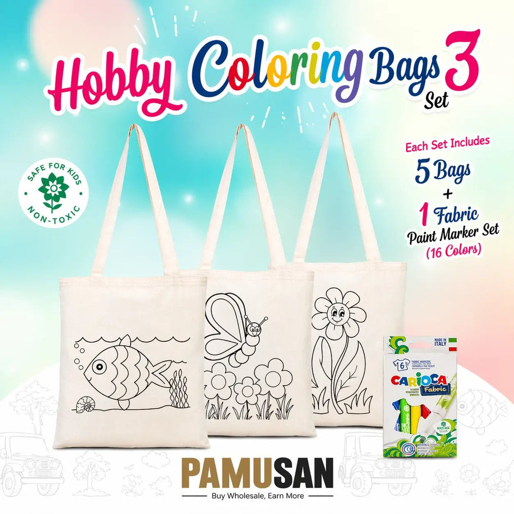 Kids Tote Bag Painting Set 3 | 15 Double - Sided Colorable Tote Bags 14"x16" - Fabric Markers - Pamusan.com