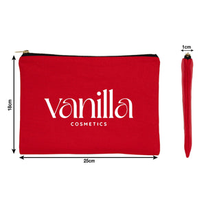 Red pouch with 'vanilla cosmetics' text and dimensions on a white background