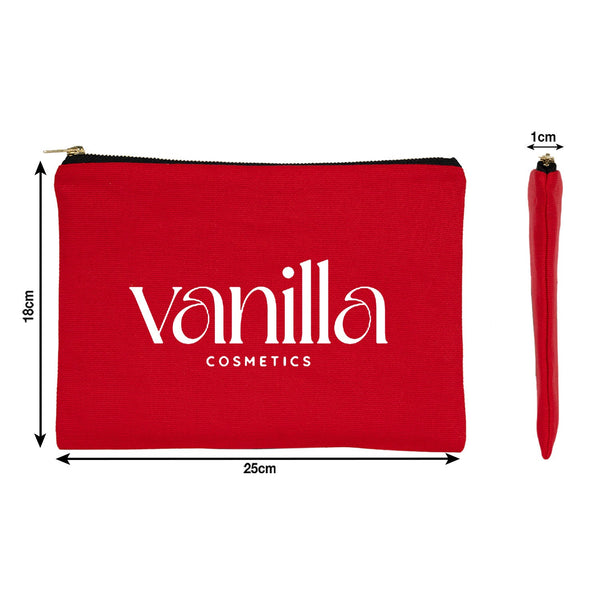 Red pouch with 'vanilla cosmetics' text and dimensions on a white background