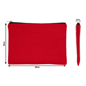Red pouch with dimensions and a pen for scale on a white background