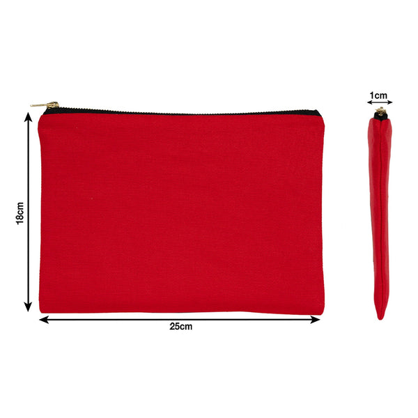 Red pouch with dimensions and a pen for scale on a white background