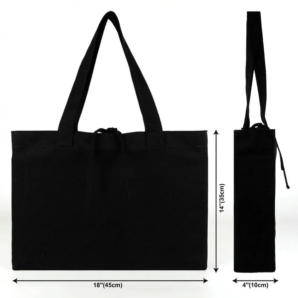 Large black canvas tote bag dimensions 18x14x4 in (45x35x10 cm) diagram – Pamusan.com
