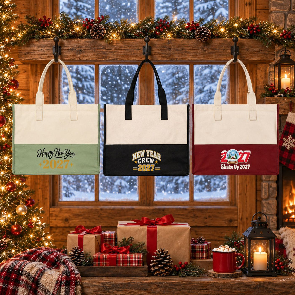 Large Canvas Tote Bag Bulk – Christmas & New Year 2027 Two-Tone Totes 18" × 14" × 7.5" (45 × 35 × 19 cm), Burgundy, Black or Sage Green, 18 Designs - Pamusan.com