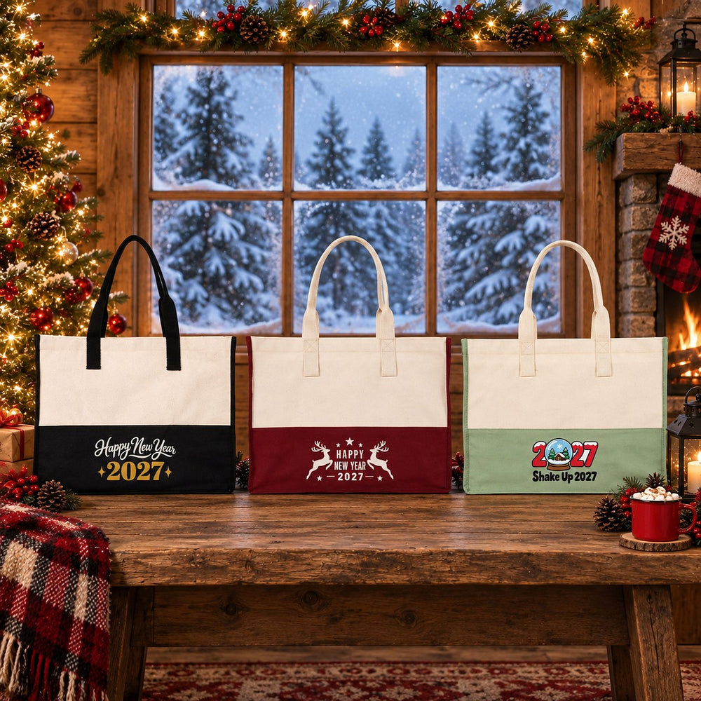 Large Canvas Tote Bag Bulk – Christmas & New Year 2027 Two-Tone Totes 18" × 14" × 7.5" (45 × 35 × 19 cm), Burgundy, Black or Sage Green, 18 Designs - Pamusan.com