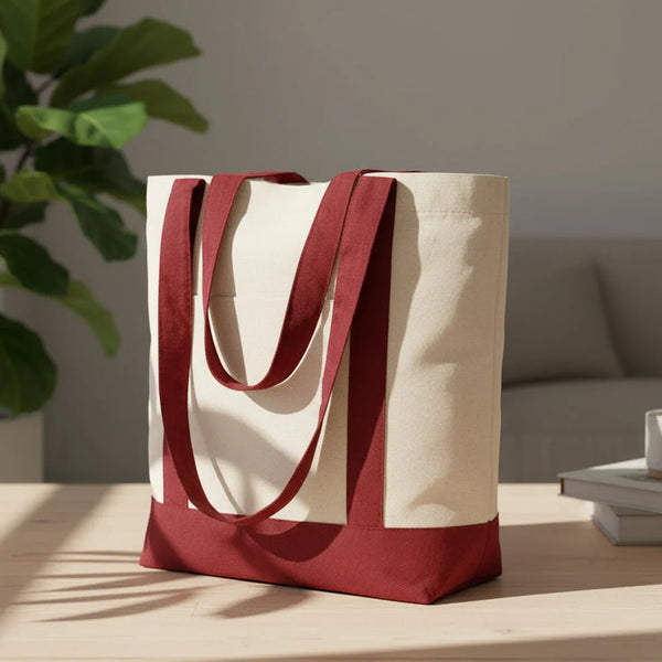 Large Canvas Tote Bag with Burgundy Handles – Sustainable & Heavy Duty Canvas Bag - Pamusan.com