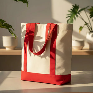 Large Canvas Tote Bag with Red Handles – 16"x14"x5" Eco - Friendly Cotton Shopping Bag - Pamusan.com