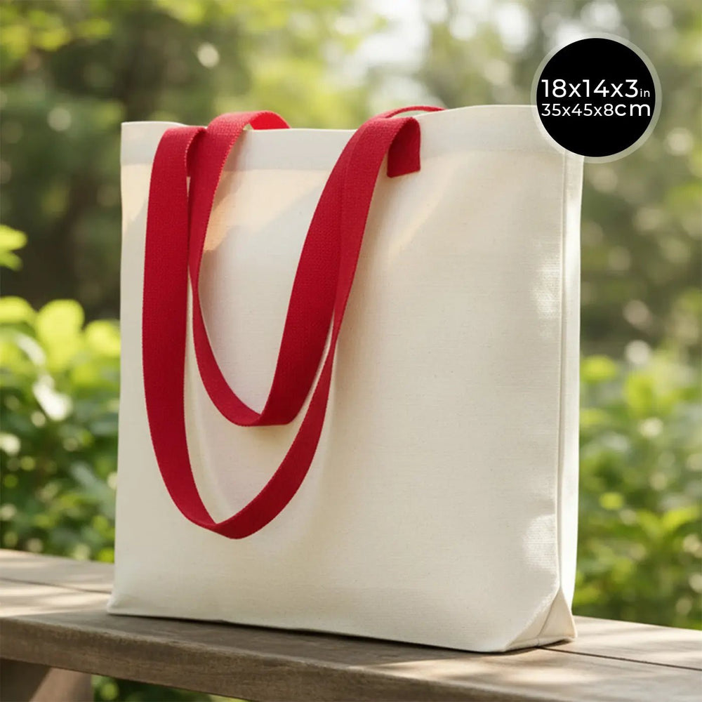 Large Canvas Tote Bag with Red Handles – 18" x 14" x 3" (45 x 35 x 8 cm) | Thick 10 oz Cotton Shopping & Everyday Carry Bag - Pamusan.com