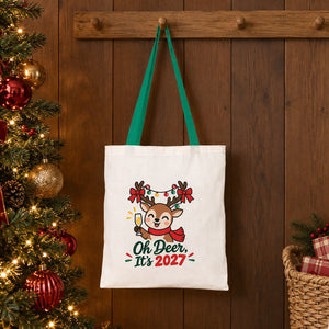 Large Christmas Gift Bags Bulk – Natural Cotton Tote Bags with Red, Green or Mustard Handles 14" × 16" (35 × 40 cm), 18 Christmas & New Year 2027 Designs - Pamusan.com