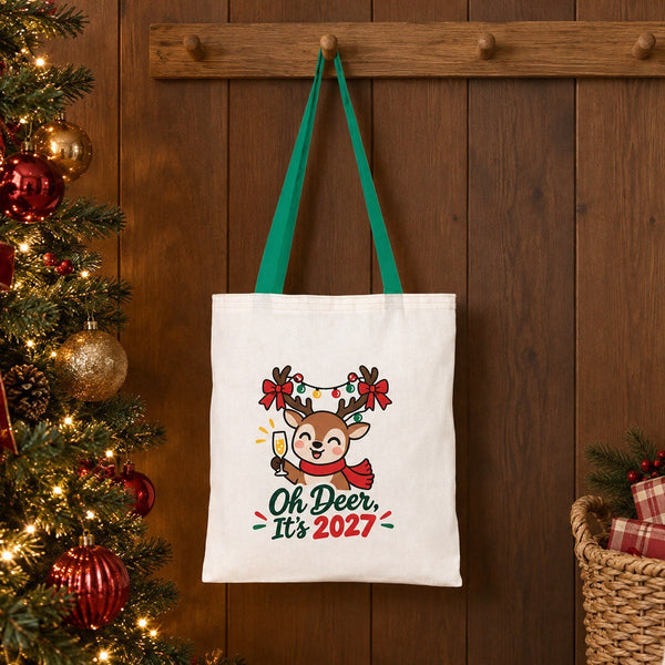 Large Christmas Gift Bags Bulk – Natural Cotton Tote Bags with Red, Green or Mustard Handles 14" × 16" (35 × 40 cm), 18 Christmas & New Year 2027 Designs - Pamusan.com