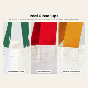 Large Christmas Gift Bags Bulk – Natural Cotton Tote Bags with Red, Green or Mustard Handles 14" × 16" (35 × 40 cm), 18 Christmas & New Year 2027 Designs - Pamusan.com