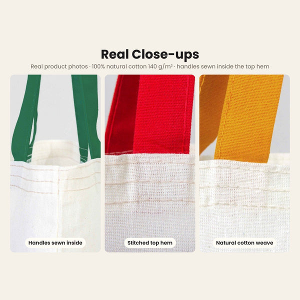 Large Christmas Gift Bags Bulk – Natural Cotton Tote Bags with Red, Green or Mustard Handles 14" × 16" (35 × 40 cm), 18 Christmas & New Year 2027 Designs - Pamusan.com
