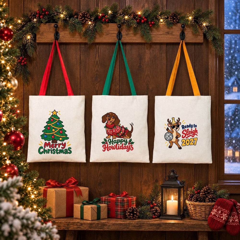 Large Christmas Gift Bags Bulk – Natural Cotton Tote Bags with Red, Green or Mustard Handles 14" × 16" (35 × 40 cm), 18 Christmas & New Year 2027 Designs - Pamusan.com