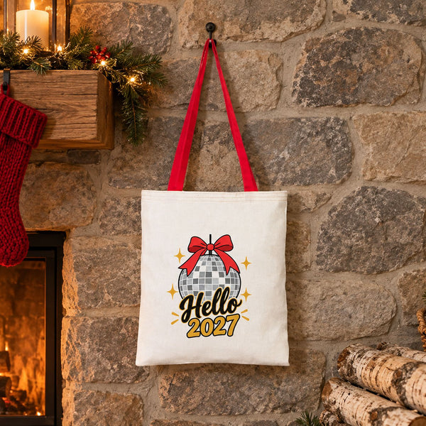 Large Christmas Gift Bags Bulk – Natural Cotton Tote Bags with Red, Green or Mustard Handles 14" × 16" (35 × 40 cm), 18 Christmas & New Year 2027 Designs - Pamusan.com