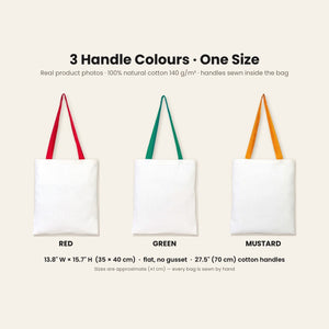 Large Christmas Gift Bags Bulk – Natural Cotton Tote Bags with Red, Green or Mustard Handles 14" × 16" (35 × 40 cm), 18 Christmas & New Year 2027 Designs - Pamusan.com