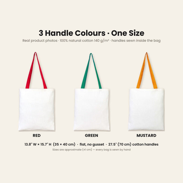 Large Christmas Gift Bags Bulk – Natural Cotton Tote Bags with Red, Green or Mustard Handles 14" × 16" (35 × 40 cm), 18 Christmas & New Year 2027 Designs - Pamusan.com