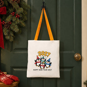 Large Christmas Gift Bags Bulk – Natural Cotton Tote Bags with Red, Green or Mustard Handles 14" × 16" (35 × 40 cm), 18 Christmas & New Year 2027 Designs - Pamusan.com