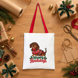 Large Christmas Gift Bags Bulk – Natural Cotton Tote Bags with Red, Green or Mustard Handles 14" × 16" (35 × 40 cm), 18 Christmas & New Year 2027 Designs - Pamusan.com