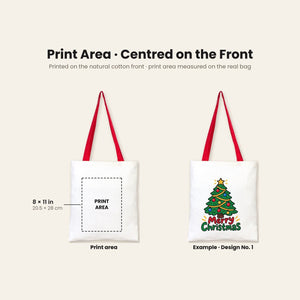 Large Christmas Gift Bags Bulk – Natural Cotton Tote Bags with Red, Green or Mustard Handles 14" × 16" (35 × 40 cm), 18 Christmas & New Year 2027 Designs - Pamusan.com