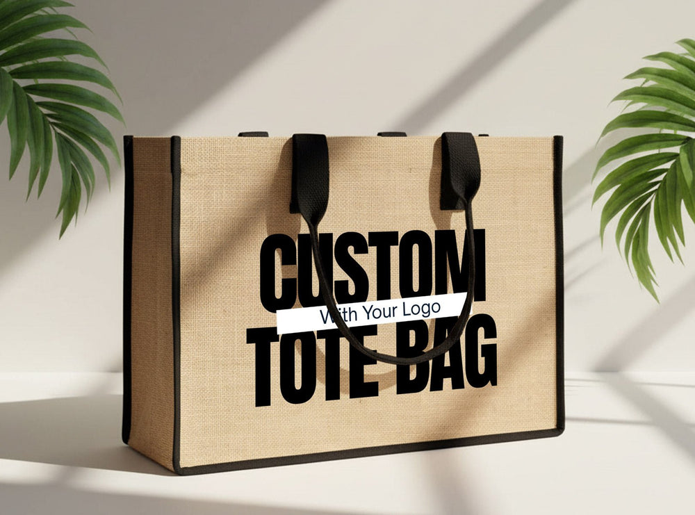 Large Custom Jute Tote Bag 18x12x6 – Eco - Friendly Reusable Bag with Black Handles - Pamusan.com