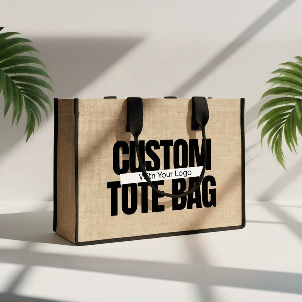 Large Custom Jute Tote Bag 18x12x6 – Eco - Friendly Reusable Bag with Black Handles - Pamusan.com