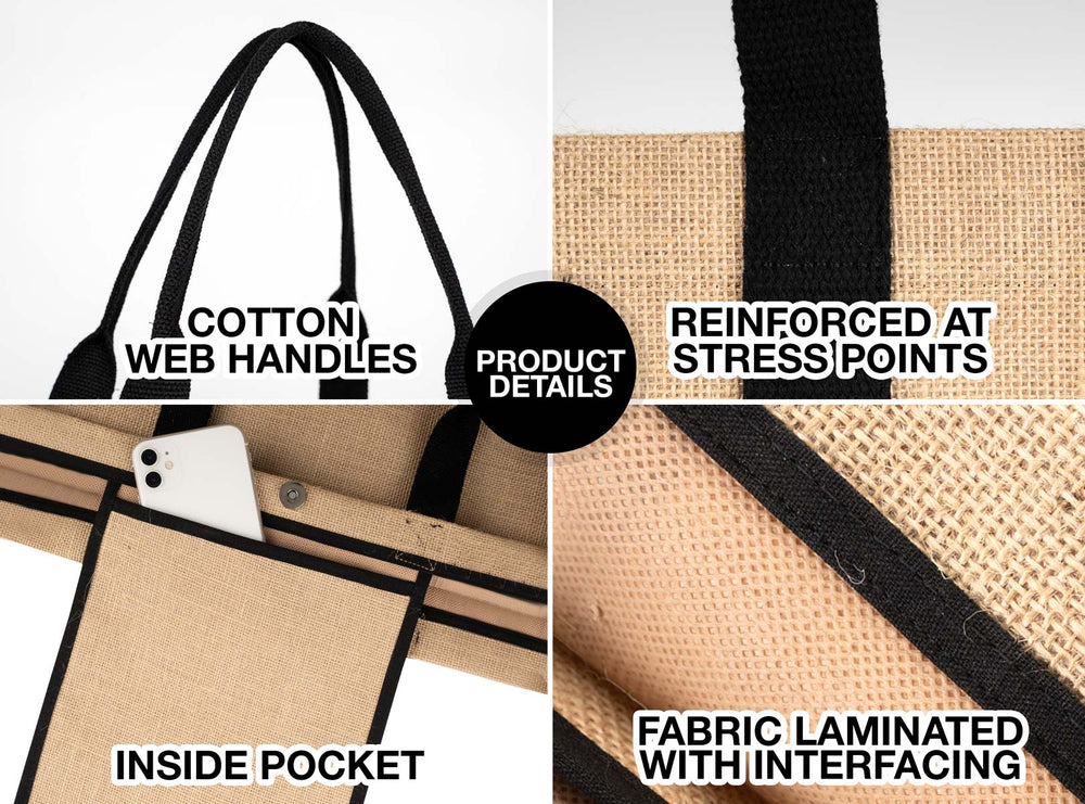 Large Custom Jute Tote Bag 18x12x6 – Eco - Friendly Reusable Bag with Black Handles - Pamusan.com