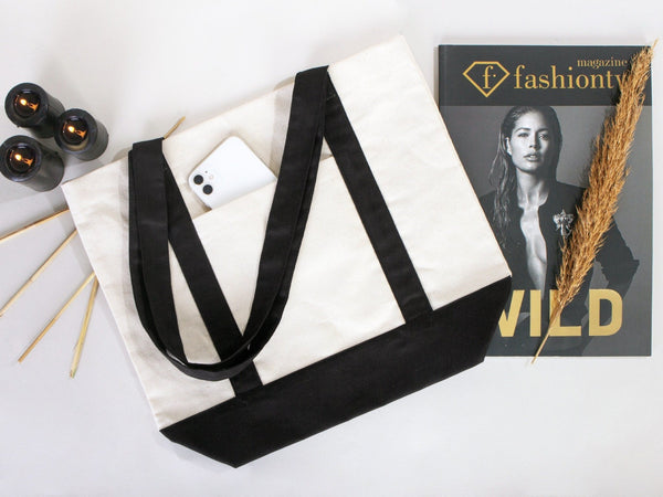 Large Trend Canvas Shopping Bag with Black Handle, 16"W x 14"H x 5"L, Large Tote Bag 12 Oz, Personalized - Pamusan.com