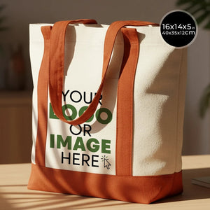 Large Trend Canvas Shopping Bag with Brown Handle, 16"W x 14"H x 5"L, Large Tote Bag 12 Oz, Personalized - Pamusan.com