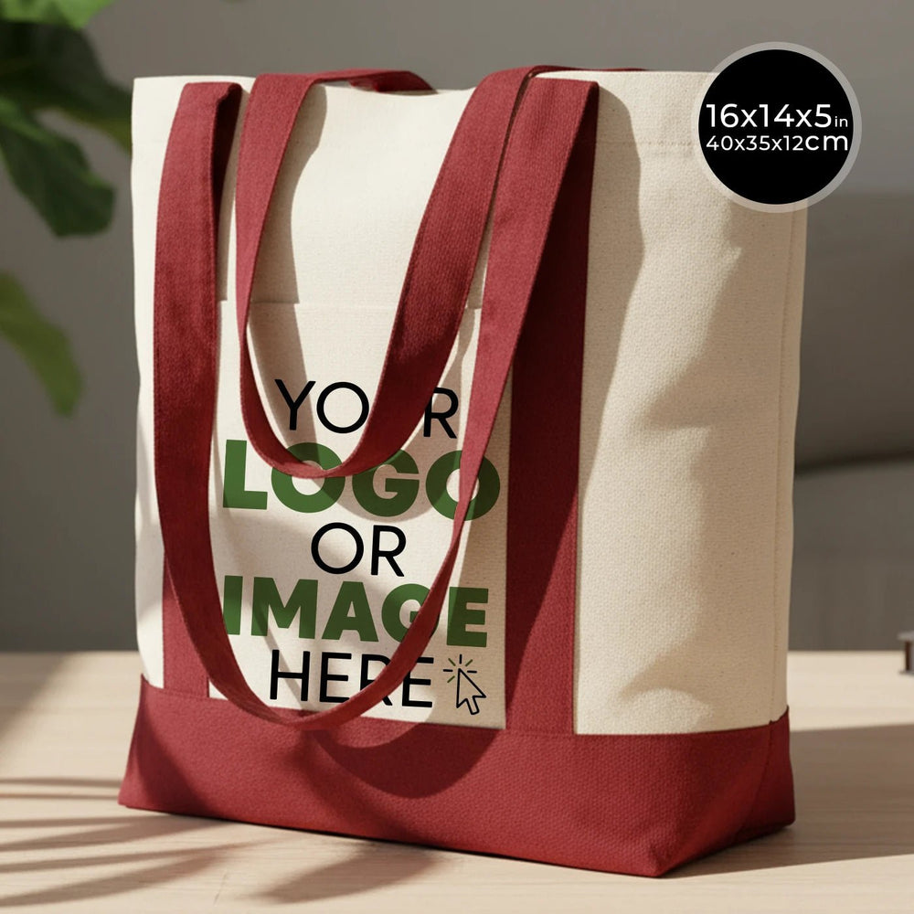 Large Trend Canvas Shopping Bag with Burgundy Handle, 16"W x 14"H x 5"L, 12 Oz, Personalized - Pamusan.com