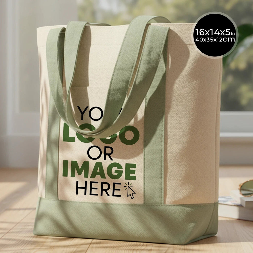 Large Trend Canvas Shopping Bag with Mint Handle, 16"W x 14"H x 5"L, Large Tote Bag 12 Oz, Personalized - Pamusan.com