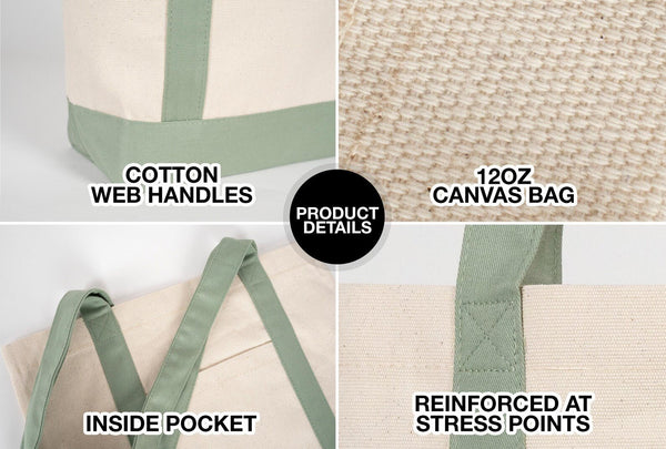 Large Trend Canvas Shopping Bag with Mint Handle, 16"W x 14"H x 5"L, Large Tote Bag 12 Oz, Personalized - Pamusan.com