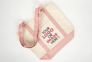 Large Trend Canvas Shopping Bag with Pink Handle, 16"W x 14"H x 5"L, Large Tote Bag 12 Oz, Personalized - Pamusan.com